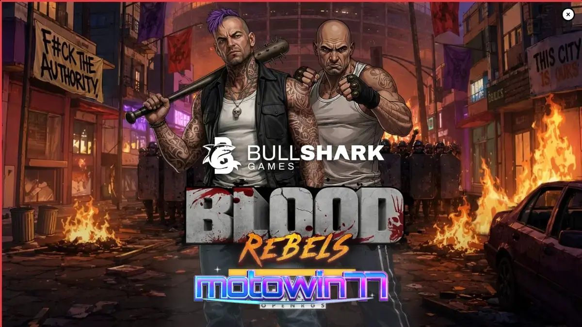 Tampilan visual slot Blood Rebels dengan tema pertempuran jalanan yang kelam